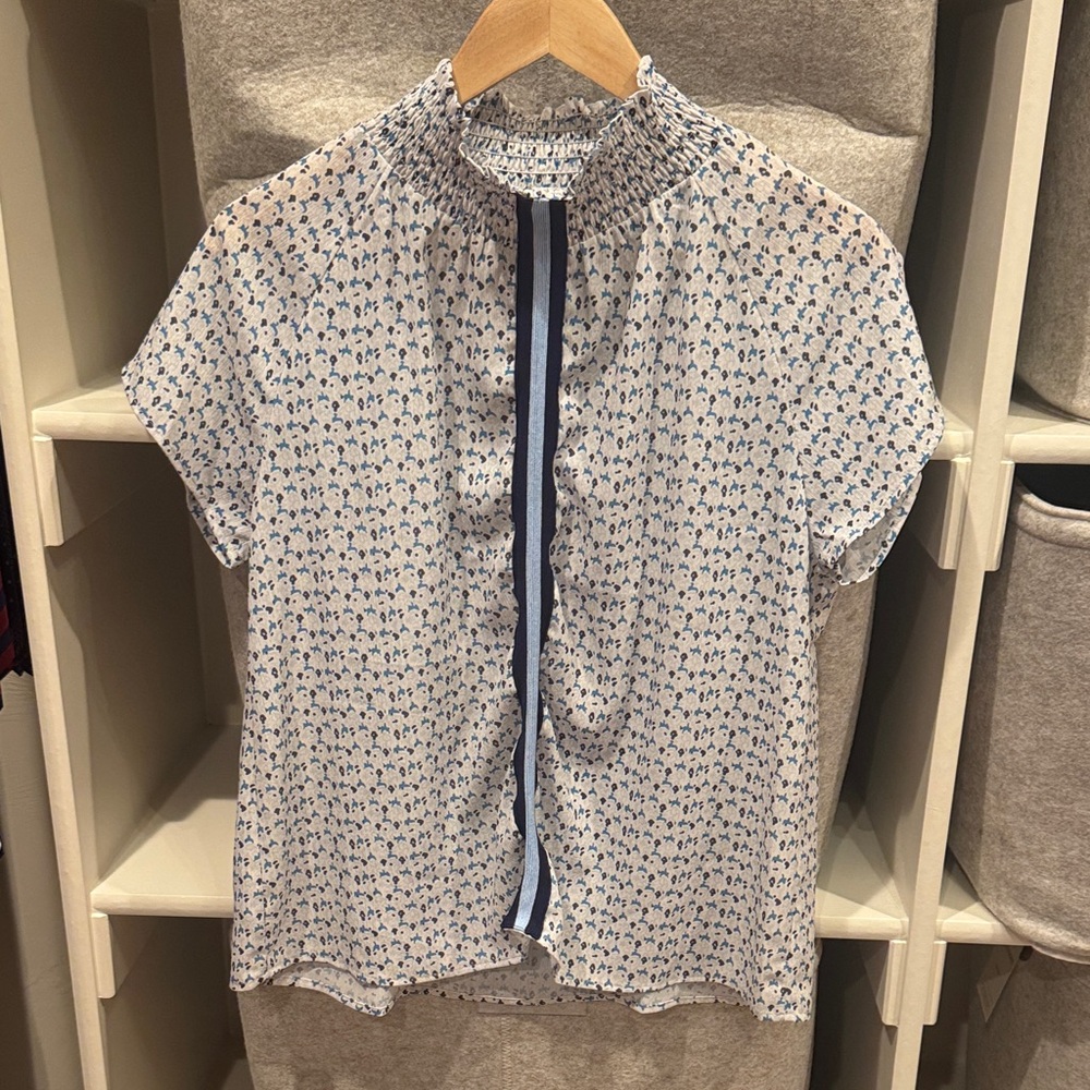 Piper and Scoot Floral Short Sleeve Blouse with Navy Stripe